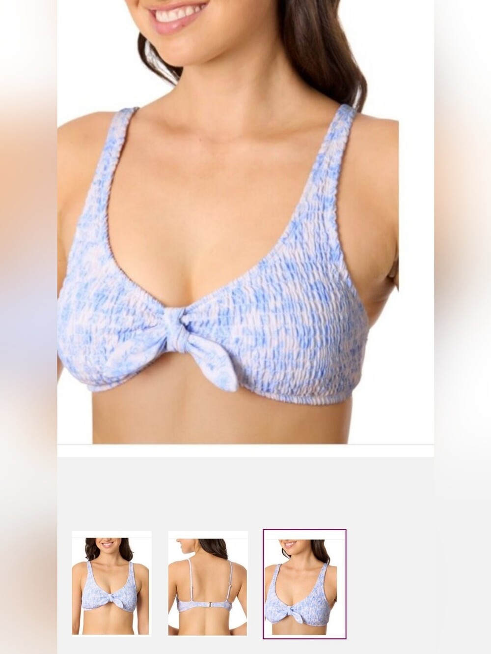 NWT Salt + Cove Smocked Tie-Front Bikini Top Blue White Toile Medium ***